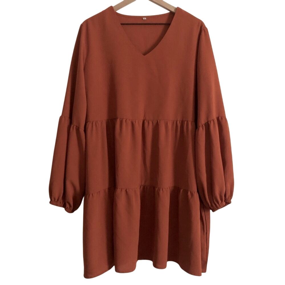 Amoretu Burnt Orange Tunic Tiered Latern Sleeves V-Neck Knee Length Dress